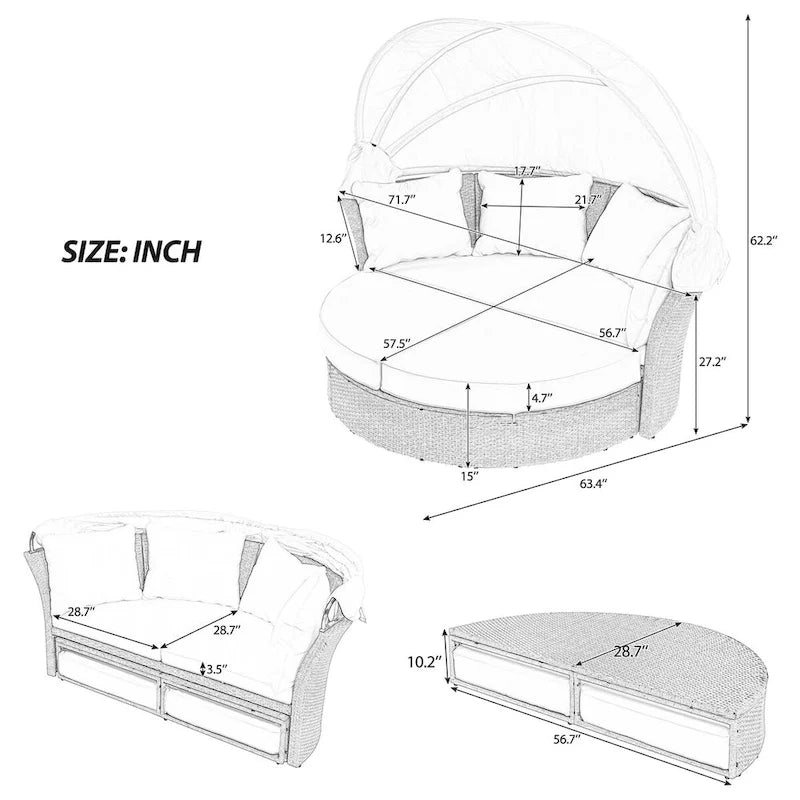 Beige Wicker Rattan Outdoor Patio Double Daybed with Retractable Canopy and 4 Pillows, Convertible Loveseat/Sofa Set