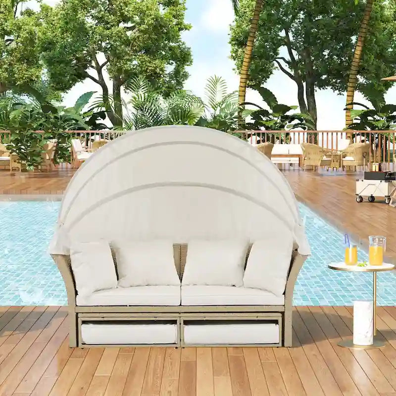 Beige Wicker Rattan Outdoor Patio Double Daybed with Retractable Canopy and 4 Pillows, Convertible Loveseat/Sofa Set