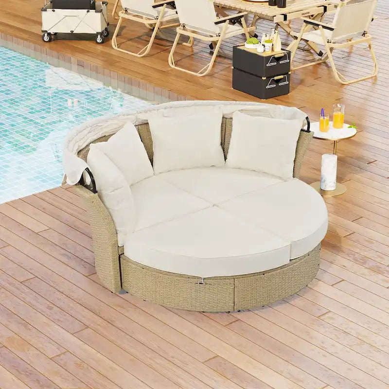 Beige Wicker Rattan Outdoor Patio Double Daybed with Retractable Canopy and 4 Pillows, Convertible Loveseat/Sofa Set