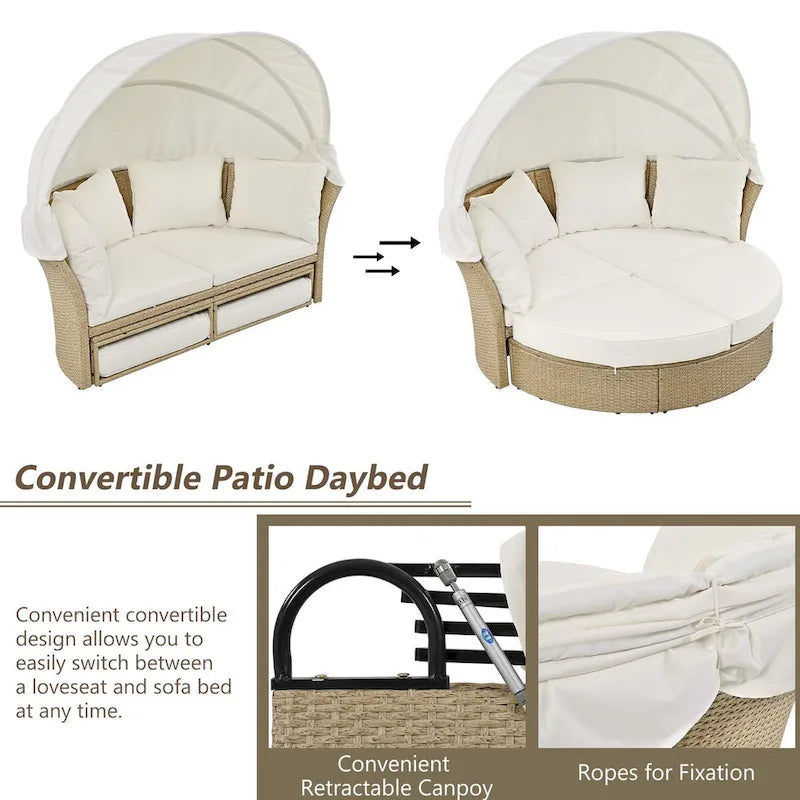 Beige Wicker Rattan Outdoor Patio Double Daybed with Retractable Canopy and 4 Pillows, Convertible Loveseat/Sofa Set