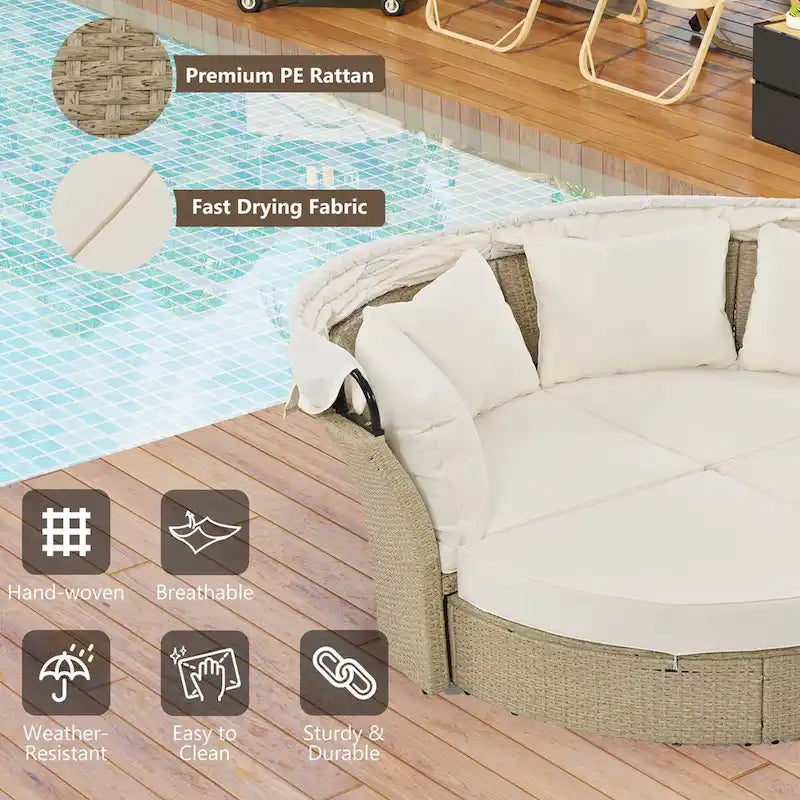 Beige Wicker Rattan Outdoor Patio Double Daybed with Retractable Canopy and 4 Pillows, Convertible Loveseat/Sofa Set