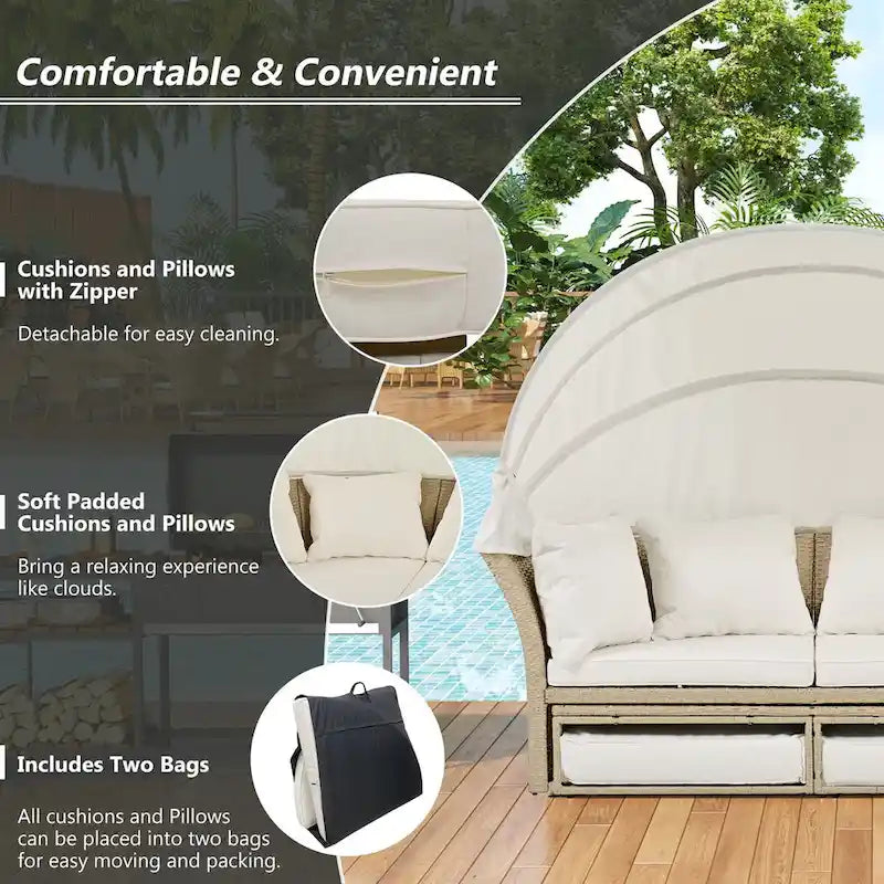 Beige Wicker Rattan Outdoor Patio Double Daybed with Retractable Canopy and 4 Pillows, Convertible Loveseat/Sofa Set
