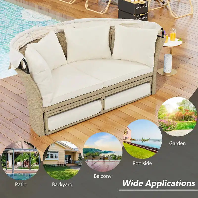 Beige Wicker Rattan Outdoor Patio Double Daybed with Retractable Canopy and 4 Pillows, Convertible Loveseat/Sofa Set