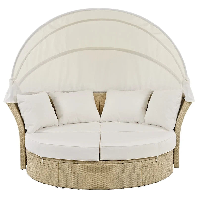 Beige Wicker Rattan Outdoor Patio Double Daybed with Retractable Canopy and 4 Pillows, Convertible Loveseat/Sofa Set