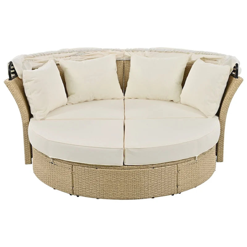 Beige Wicker Rattan Outdoor Patio Double Daybed with Retractable Canopy and 4 Pillows, Convertible Loveseat/Sofa Set