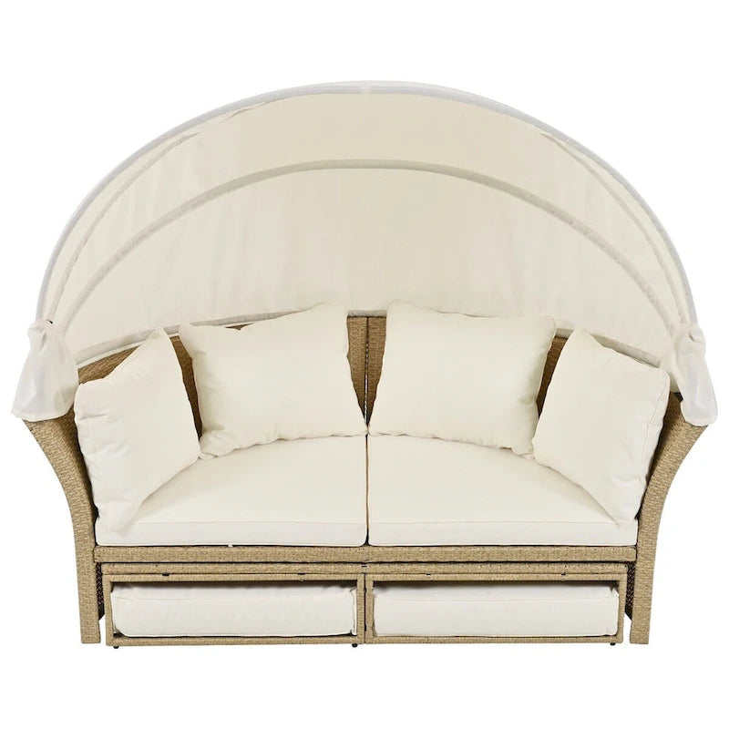 Beige Wicker Rattan Outdoor Patio Double Daybed with Retractable Canopy and 4 Pillows, Convertible Loveseat/Sofa Set