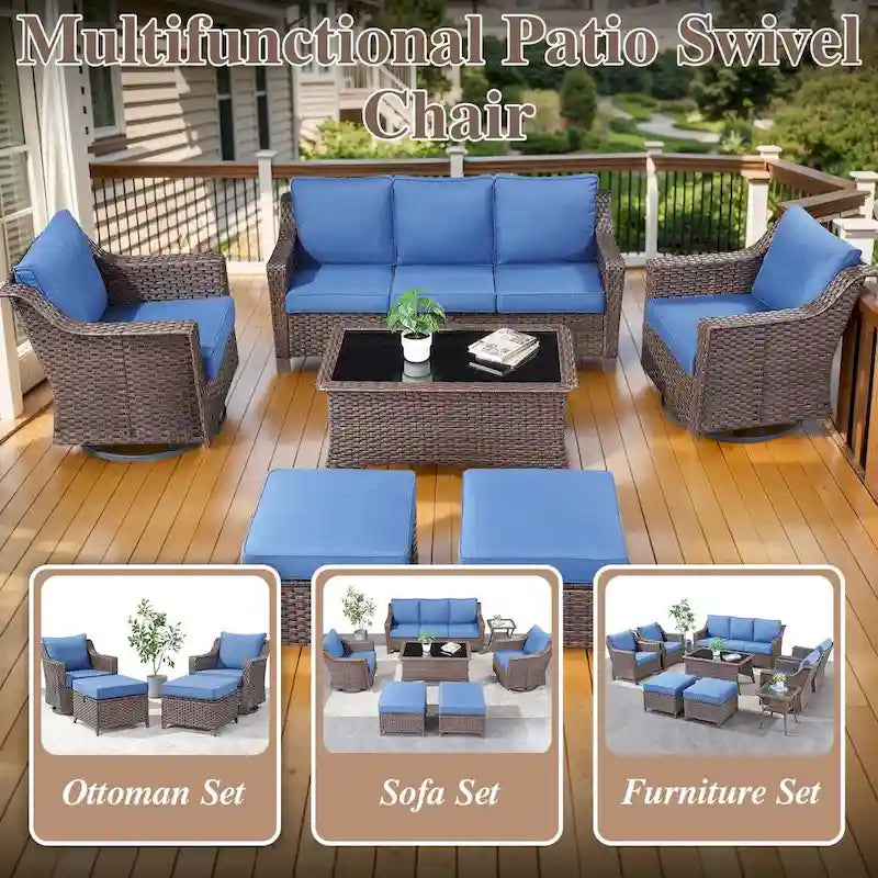 360 Rotating Wicker Patio Bistro Sets with Coffee Table - Brown