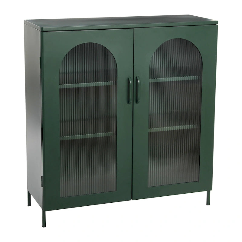 Metal Cabinet with 2 Arched Glass Doors - Dark Green and Black