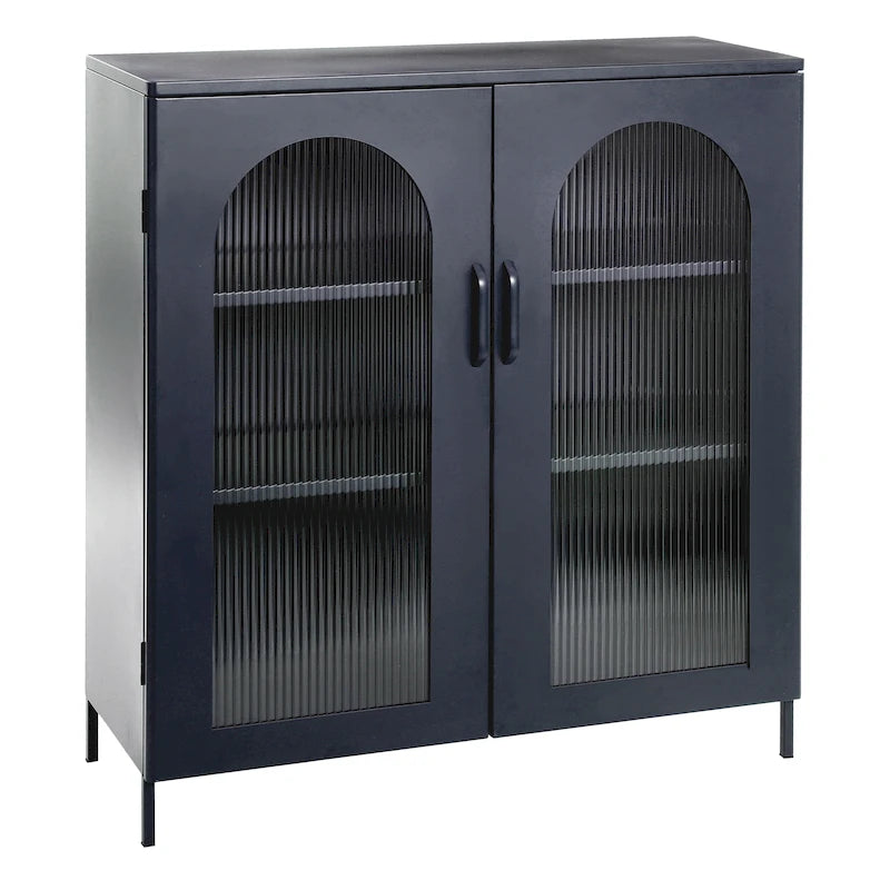 Metal Cabinet with 2 Arched Glass Doors - Dark Green and Black