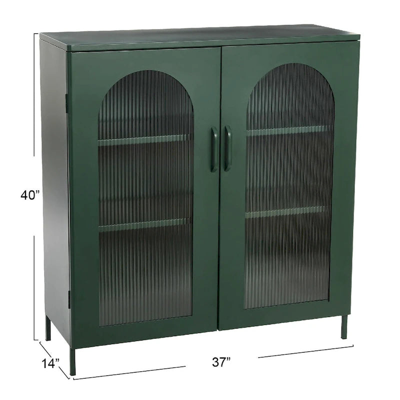 Metal Cabinet with 2 Arched Glass Doors - Dark Green and Black