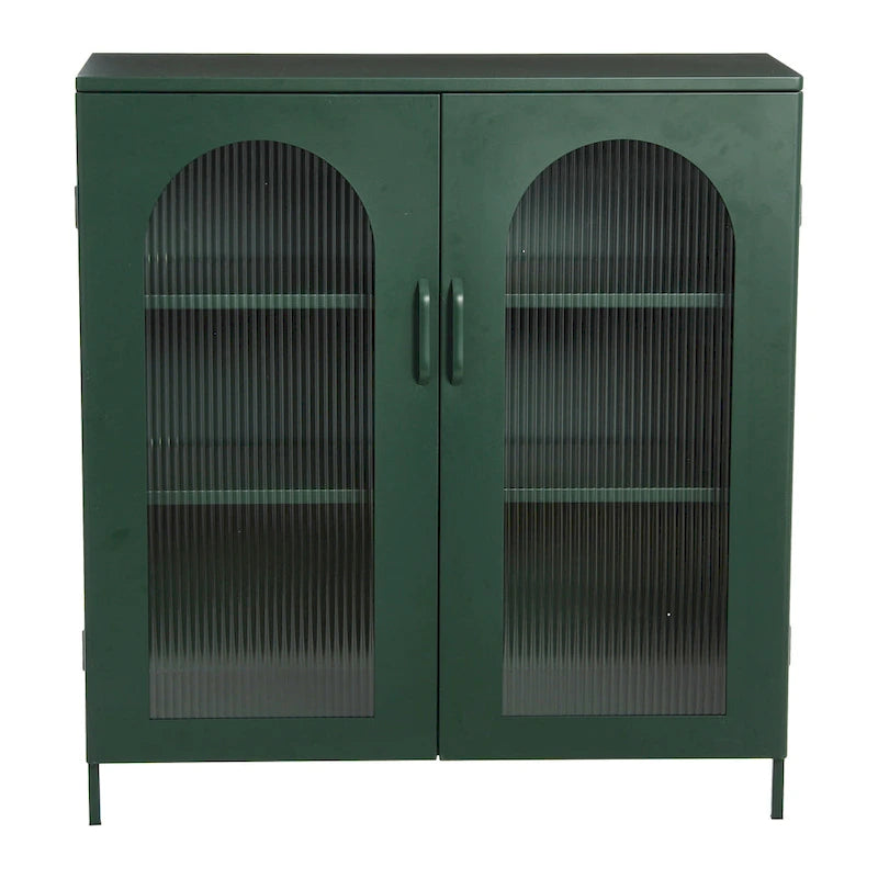 Metal Cabinet with 2 Arched Glass Doors - Dark Green and Black
