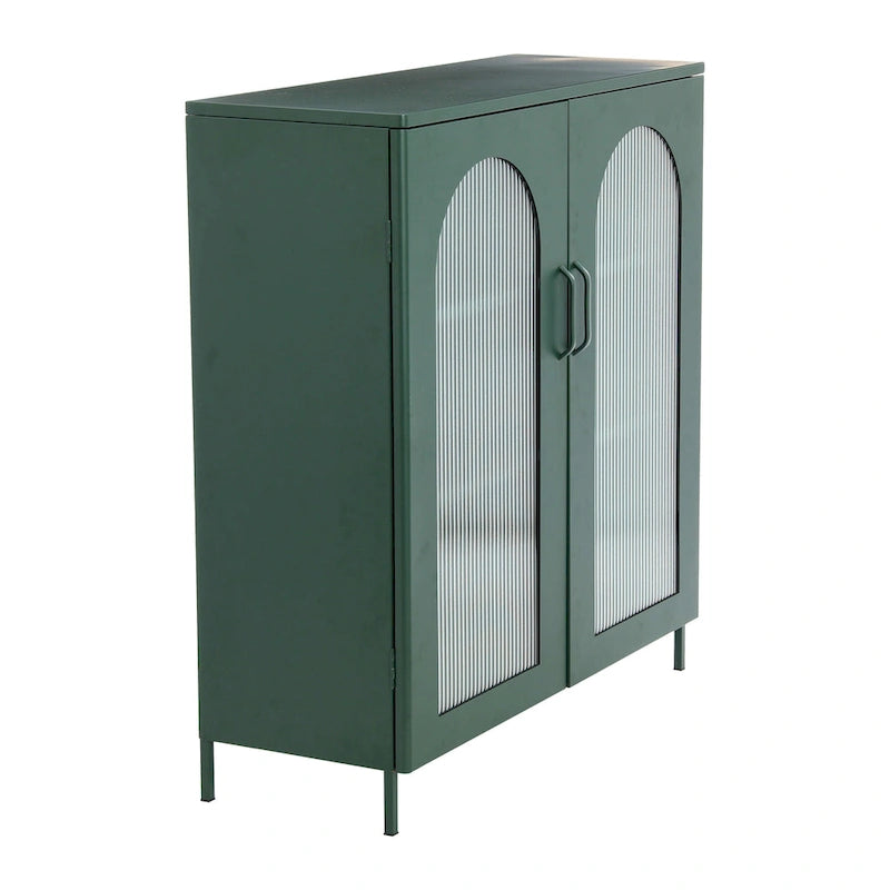 Metal Cabinet with 2 Arched Glass Doors - Dark Green and Black