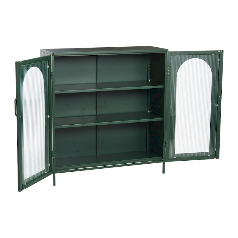 Metal Cabinet with 2 Arched Glass Doors - Dark Green and Black