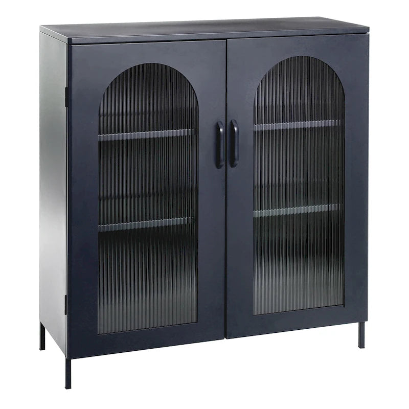 Metal Cabinet with 2 Arched Glass Doors - Dark Green and Black