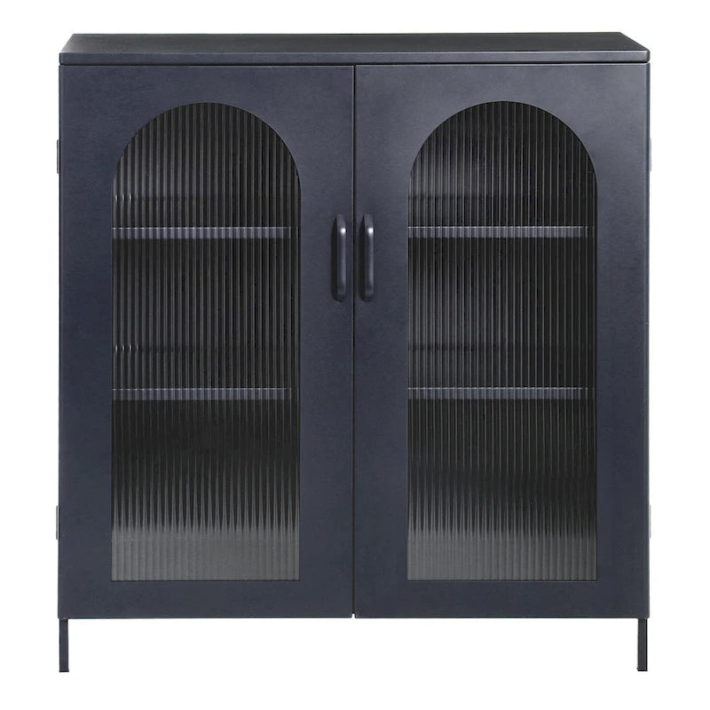 Metal Cabinet with 2 Arched Glass Doors - Dark Green and Black
