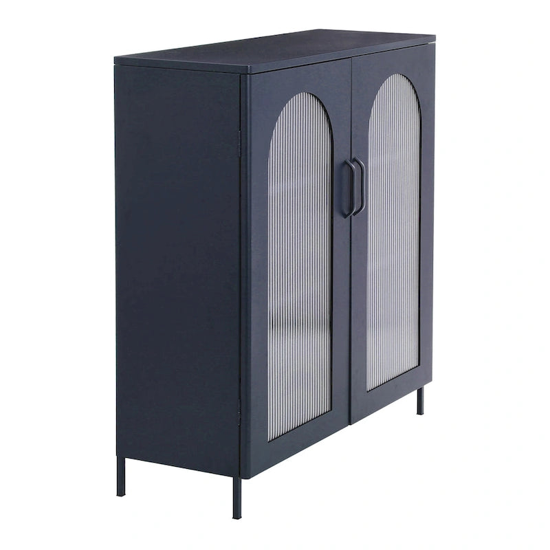 Metal Cabinet with 2 Arched Glass Doors - Dark Green and Black