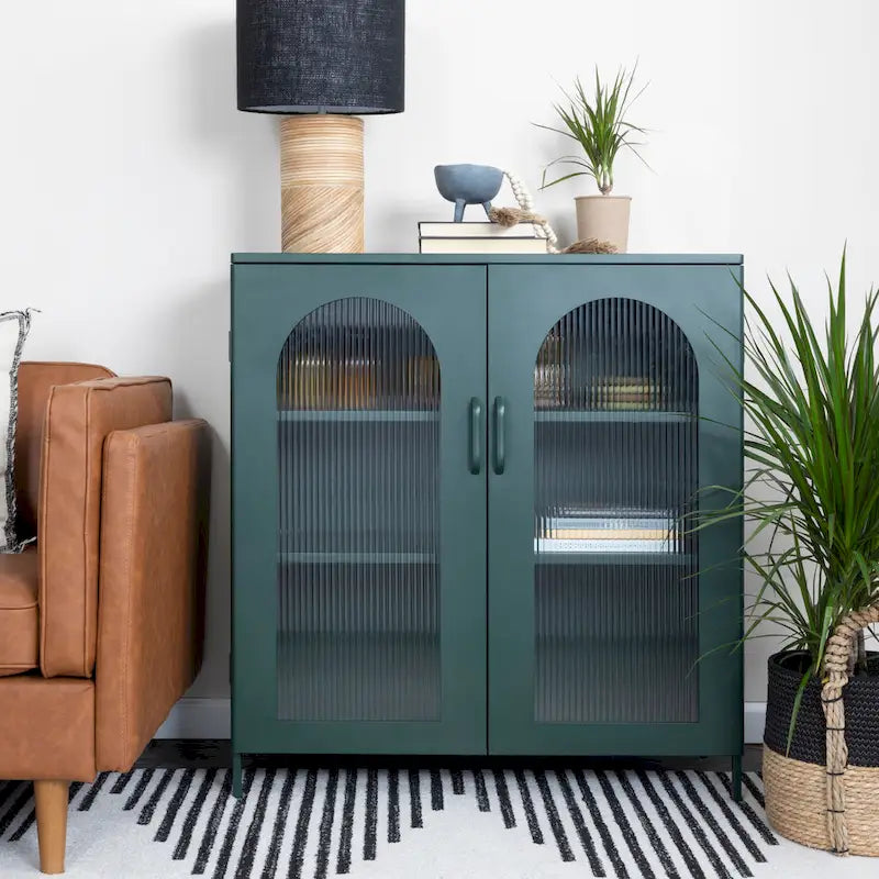 Metal Cabinet with 2 Arched Glass Doors - Dark Green and Black