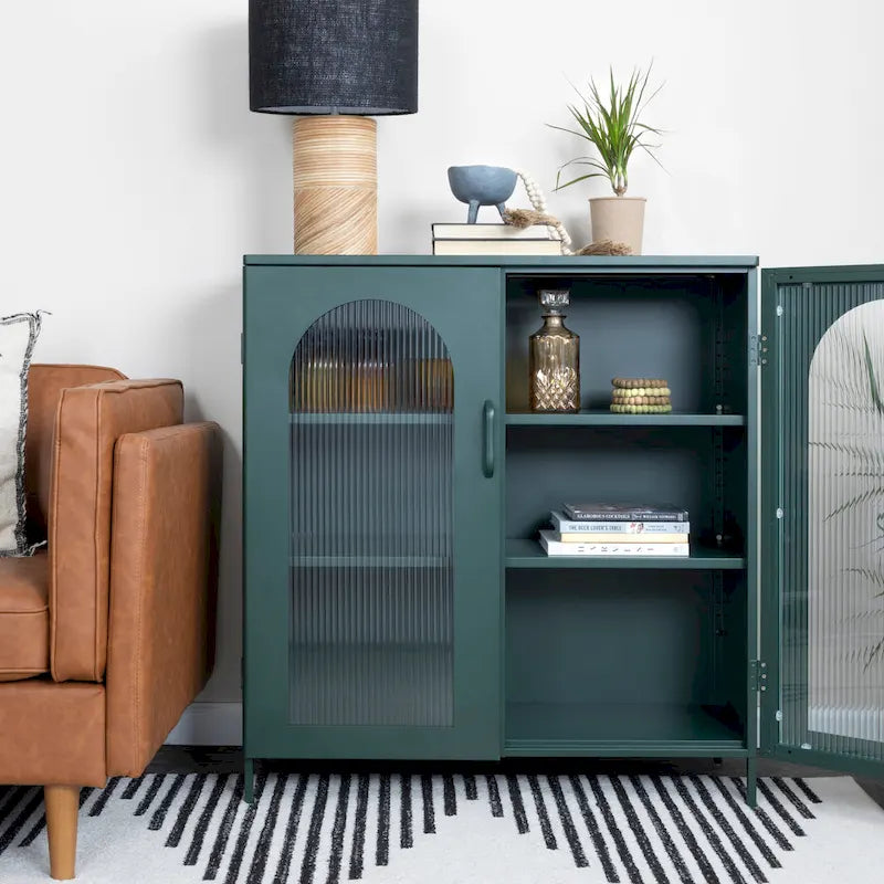 Metal Cabinet with 2 Arched Glass Doors - Dark Green and Black