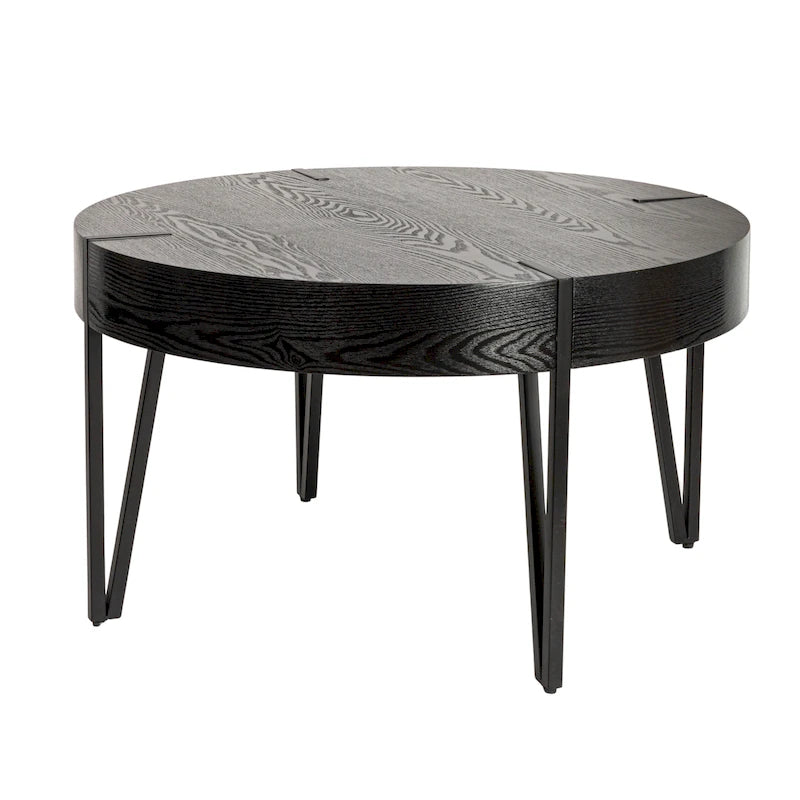 Round Wood Side Coffee Table with Metal Hairpin Legs - Black