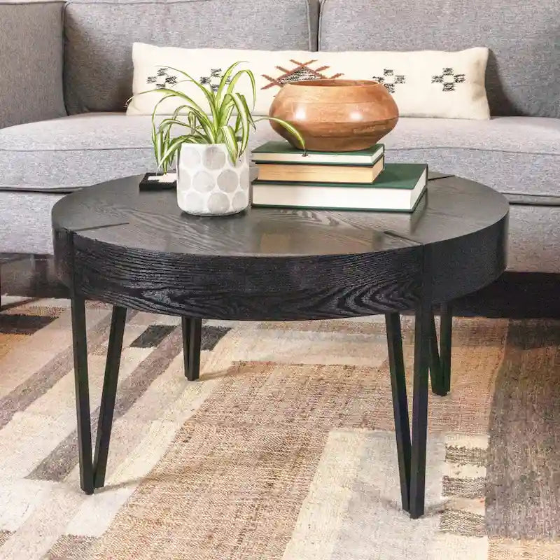 Round Wood Side Coffee Table with Metal Hairpin Legs - Black