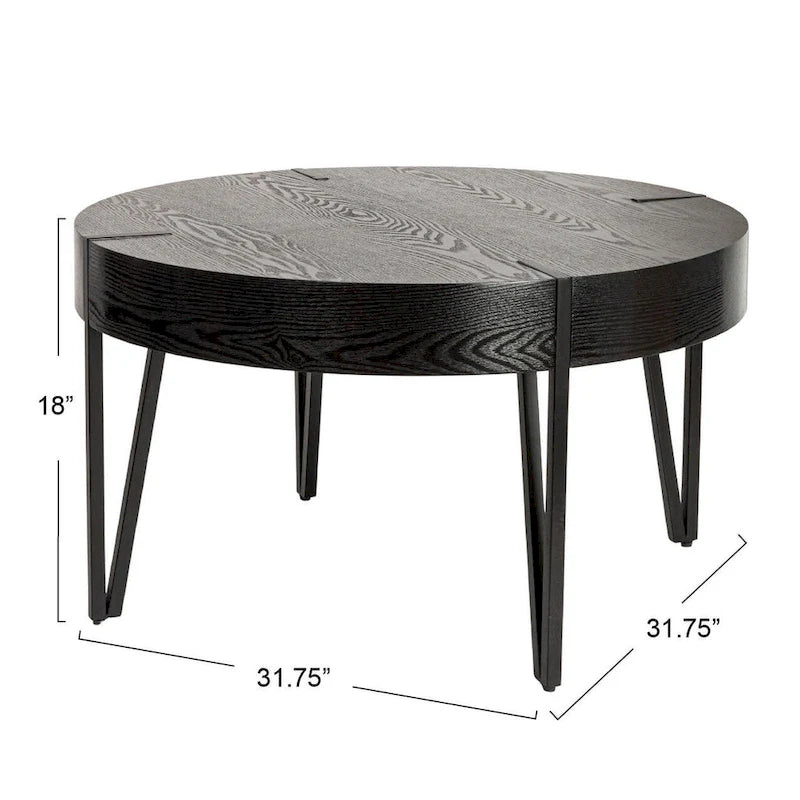 Round Wood Side Coffee Table with Metal Hairpin Legs - Black