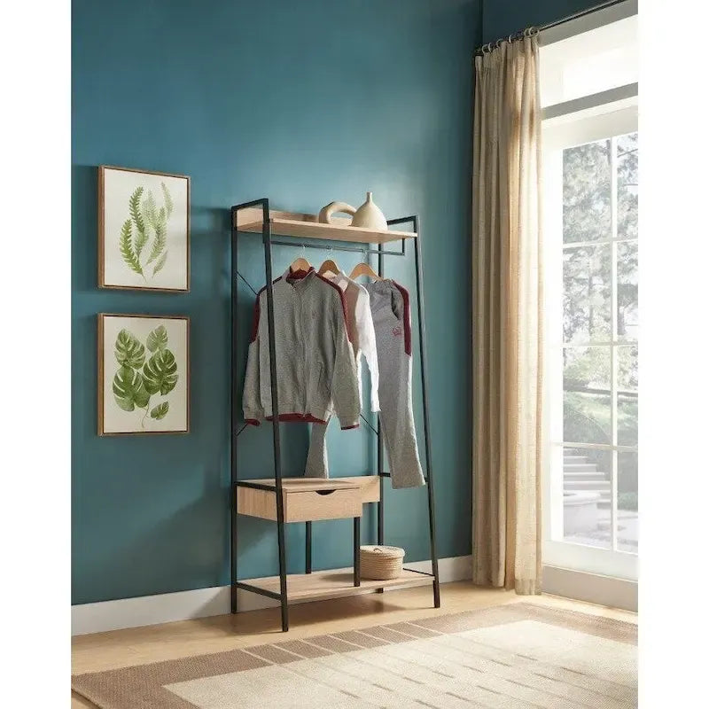 Free Standing Metal Clothes Rack with Drawer and Hanging Rod - Antique White