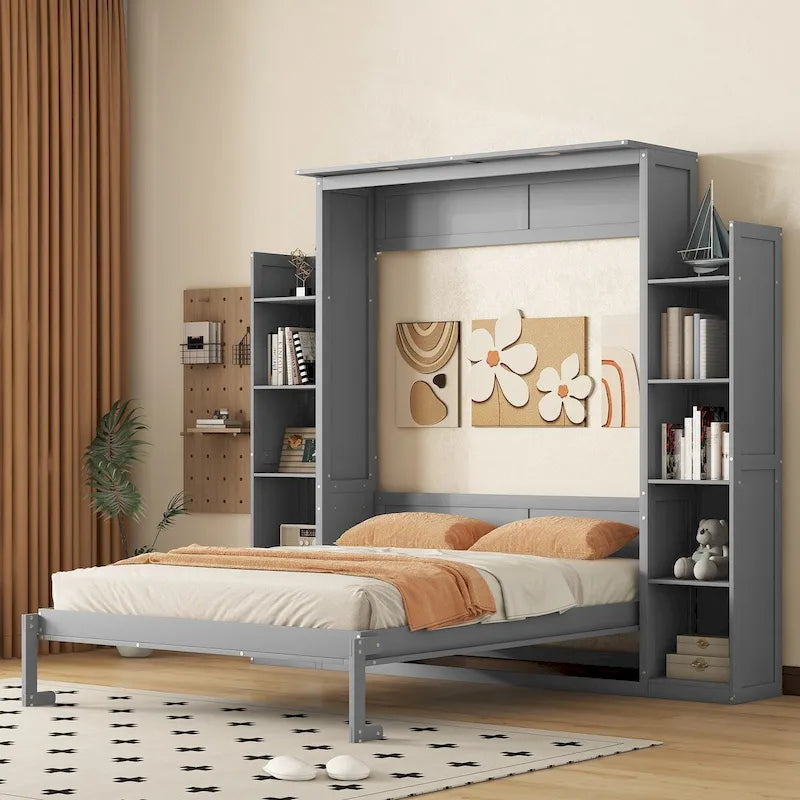 Queen Size Murphy Wall Bed with Shelves and LED Lights - White and Grey