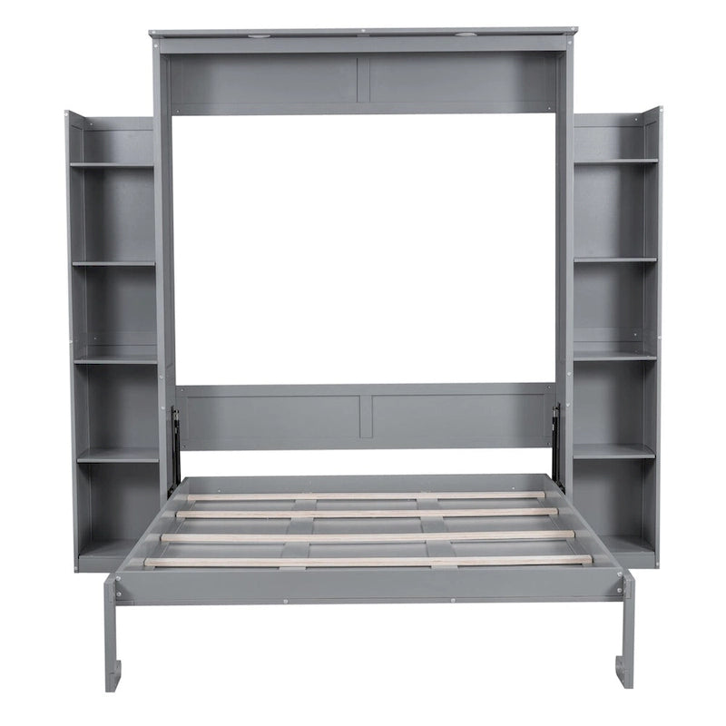 Queen Size Murphy Wall Bed with Shelves and LED Lights - White and Grey