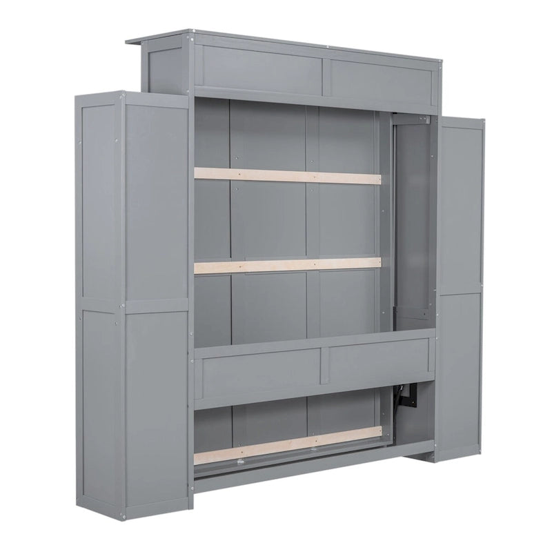 Queen Size Murphy Wall Bed with Shelves and LED Lights - White and Grey