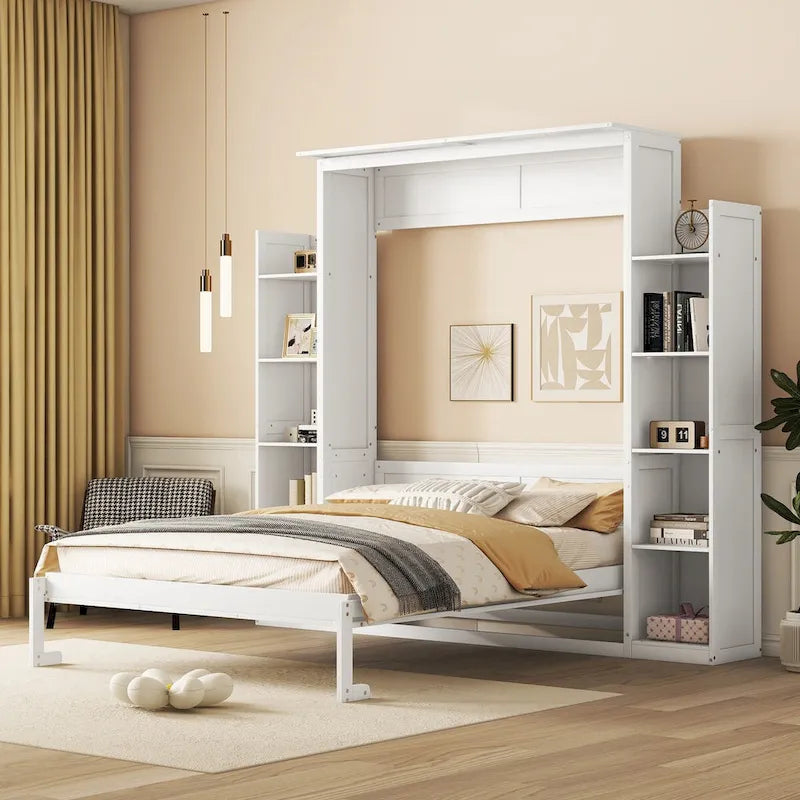 Queen Size Murphy Wall Bed with Shelves and LED Lights - White and Grey