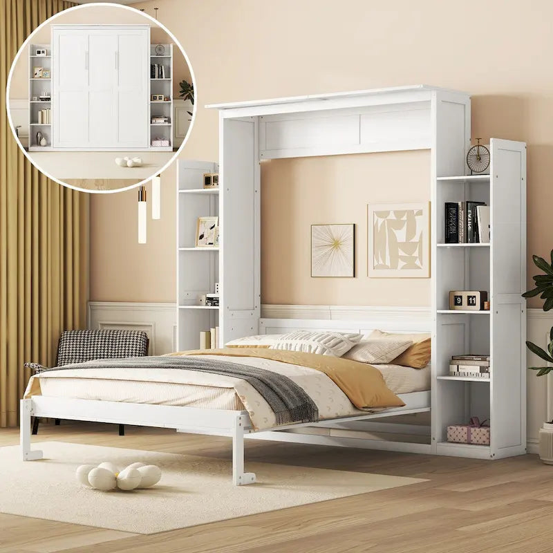 Queen Size Murphy Wall Bed with Shelves and LED Lights - White and Grey
