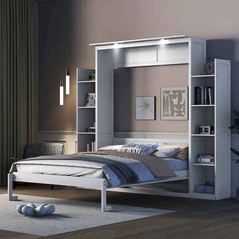 Queen Size Murphy Wall Bed with Shelves and LED Lights - White and Grey