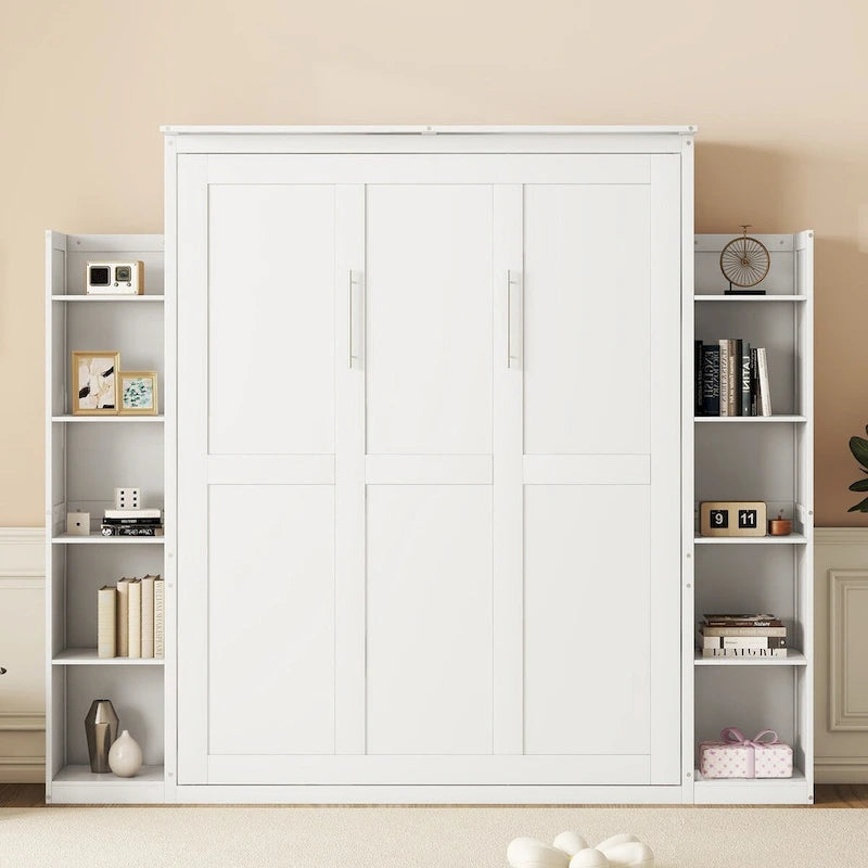 Queen Size Murphy Wall Bed with Shelves and LED Lights - White and Grey