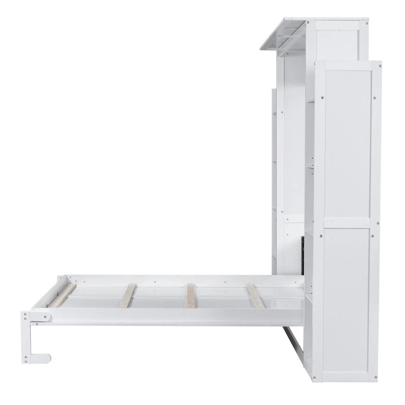 Queen Size Murphy Wall Bed with Shelves and LED Lights - White and Grey