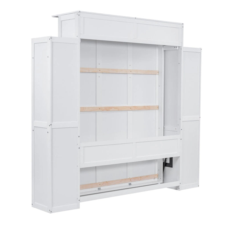 Queen Size Murphy Wall Bed with Shelves and LED Lights - White and Grey