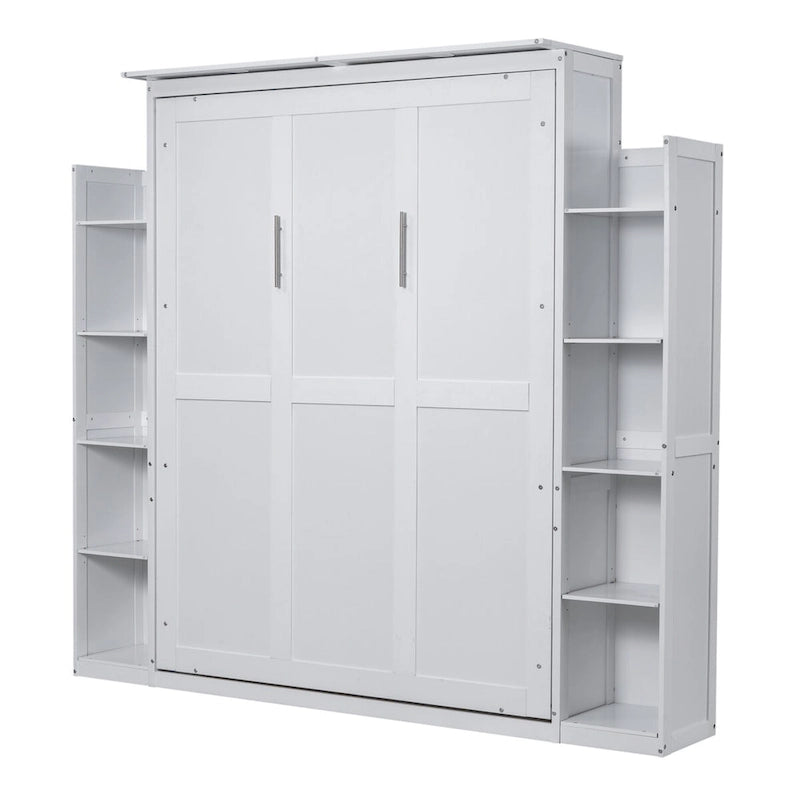 Queen Size Murphy Wall Bed with Shelves and LED Lights - White and Grey
