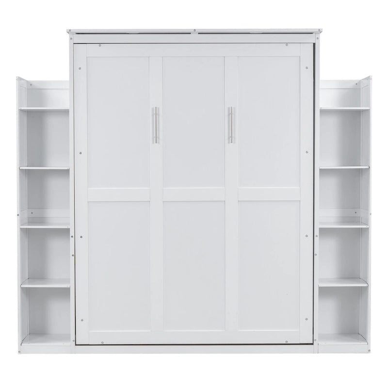 Queen Size Murphy Wall Bed with Shelves and LED Lights - White and Grey
