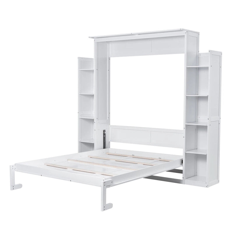 Queen Size Murphy Wall Bed with Shelves and LED Lights - White and Grey