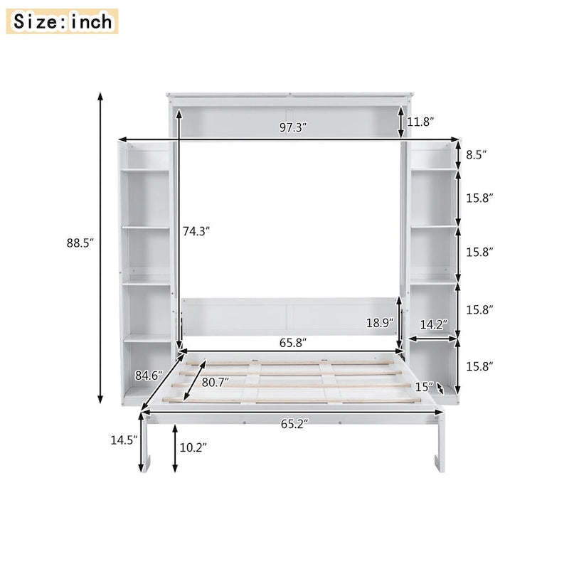 Queen Size Murphy Wall Bed with Shelves and LED Lights - White and Grey