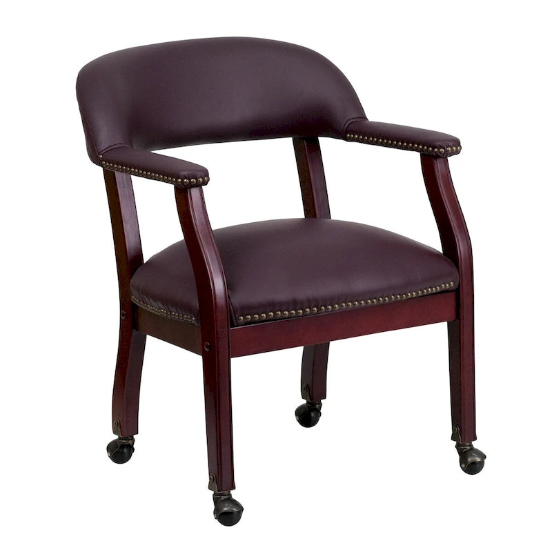Traditional Conference Chair with Nailhead Trim and Casters - Burgundy Leather