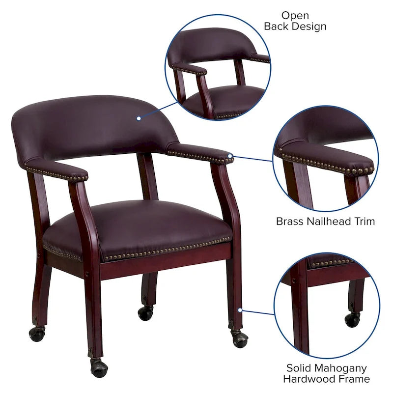 Traditional Conference Chair with Nailhead Trim and Casters - Burgundy Leather