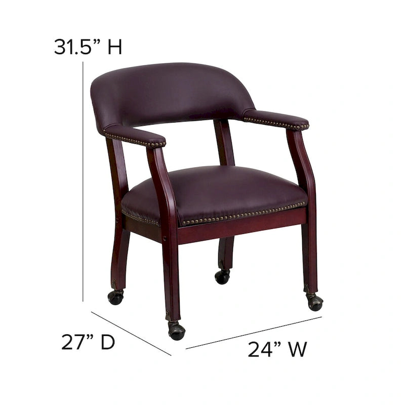 Traditional Conference Chair with Nailhead Trim and Casters - Burgundy Leather
