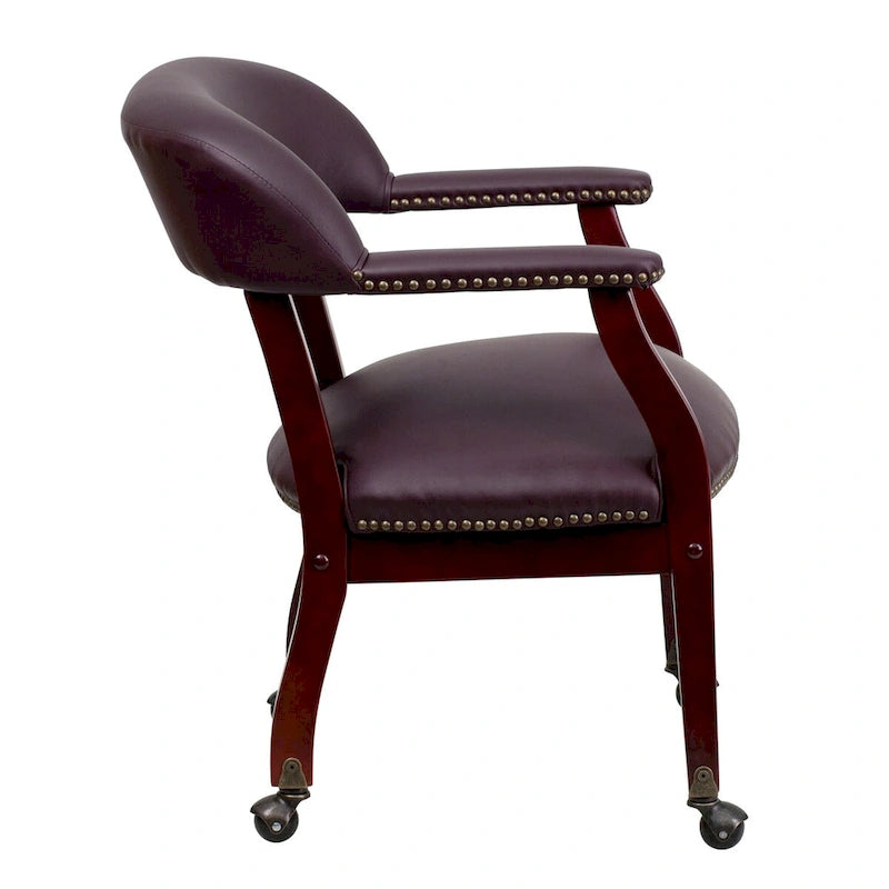 Traditional Conference Chair with Nailhead Trim and Casters - Burgundy Leather