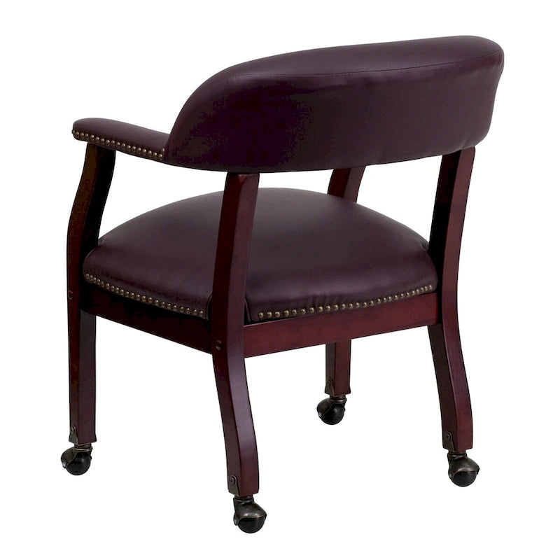 Traditional Conference Chair with Nailhead Trim and Casters - Burgundy Leather