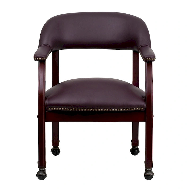 Traditional Conference Chair with Nailhead Trim and Casters - Burgundy Leather