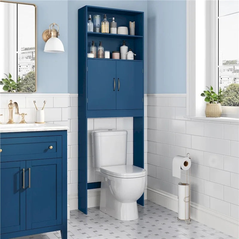 Over-the-Toilet Bathroom Organizer with 2 Shelves and Double Doors - Espresso, White, Grey, Navy Blue