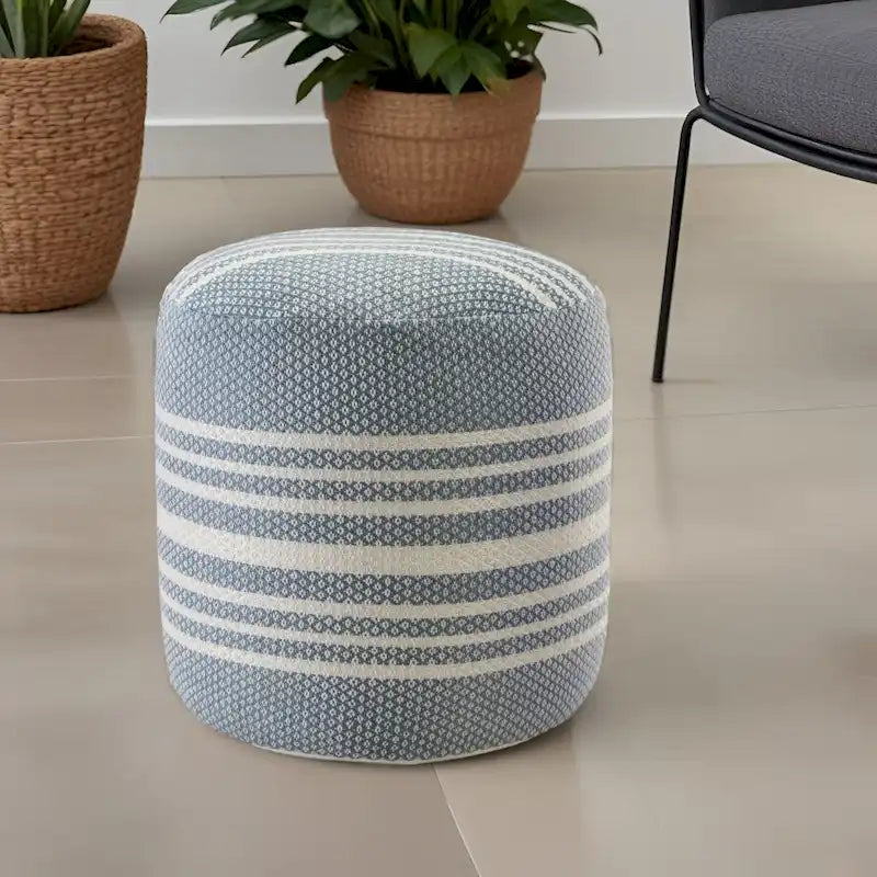 20  Blue Polyester Round Striped Indoor Outdoor Pouf Ottoman