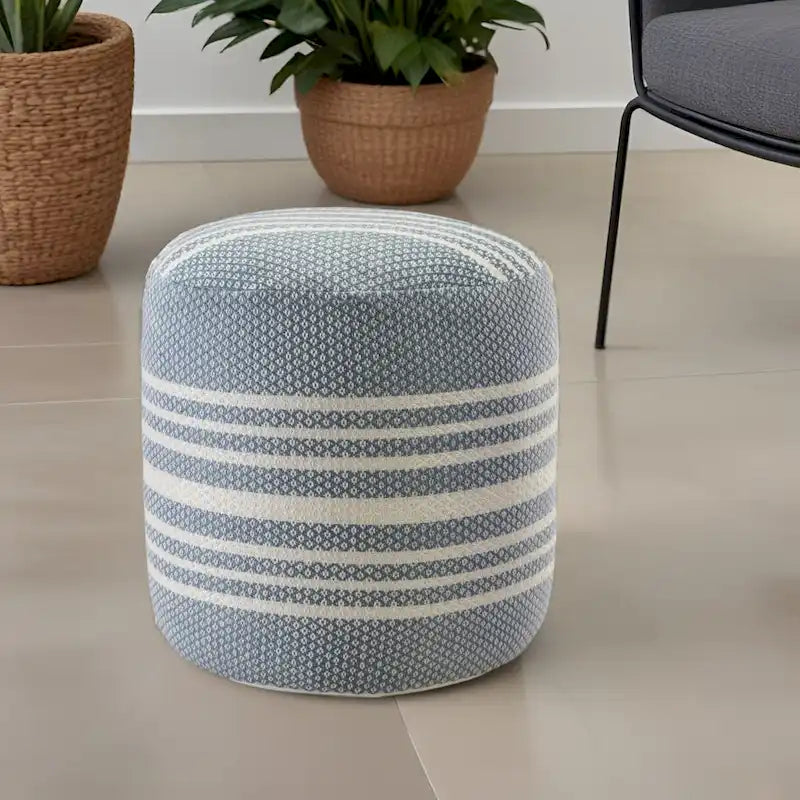 20  Blue Polyester Round Striped Indoor Outdoor Pouf Ottoman