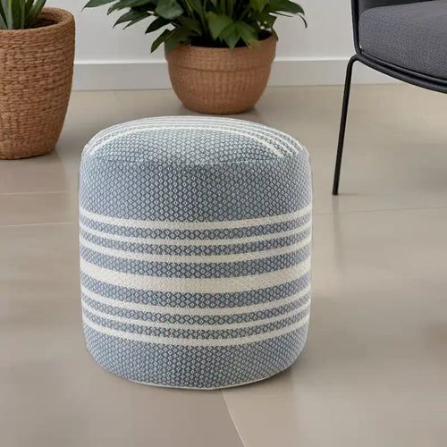 20  Blue Polyester Round Striped Indoor Outdoor Pouf Ottoman