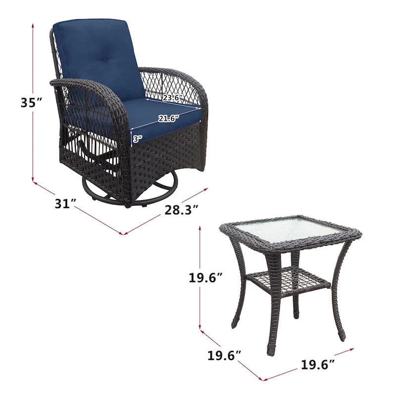 3 Pieces Conversation Set with Swivel Chair and Glass Top Side Table